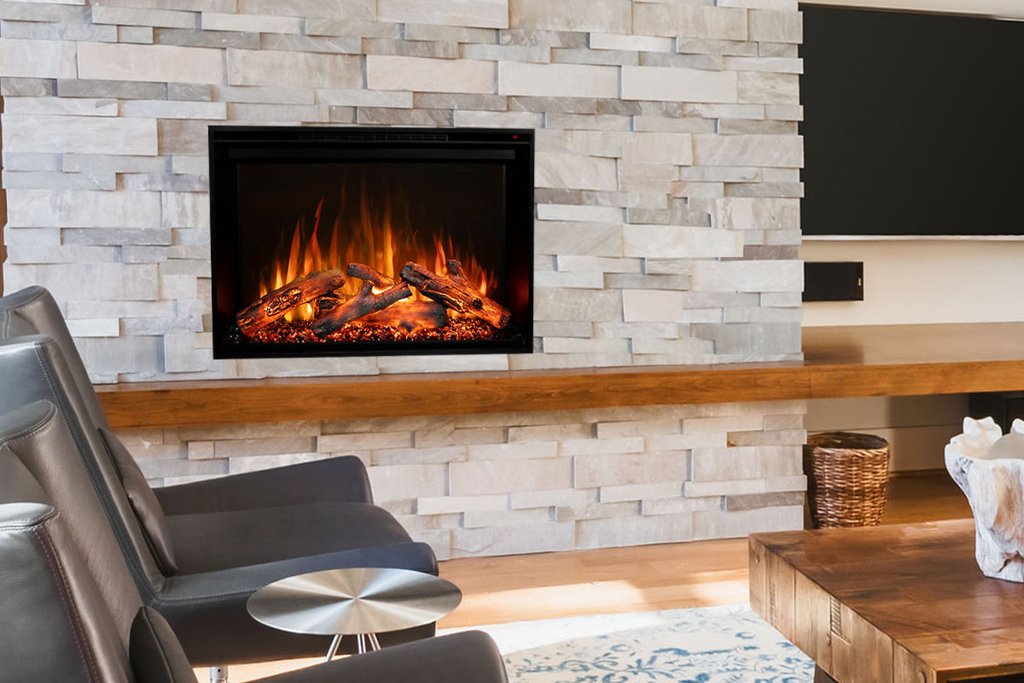 Electric fireplace insert in living room.