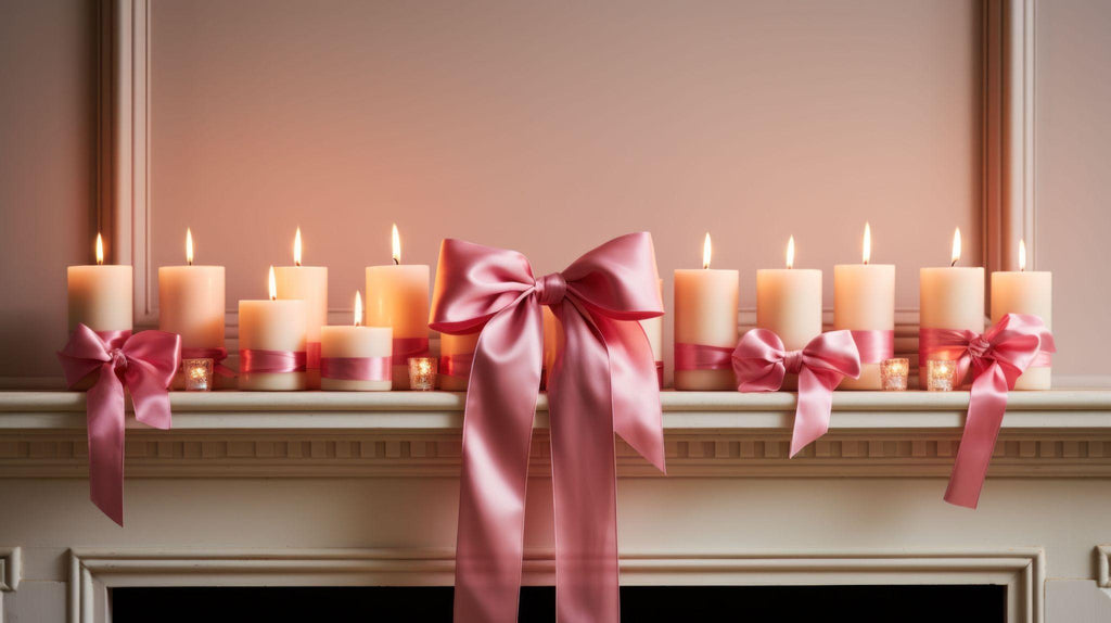 Pink ribbons cascade down a fireplace, surrounded by glowing candles.