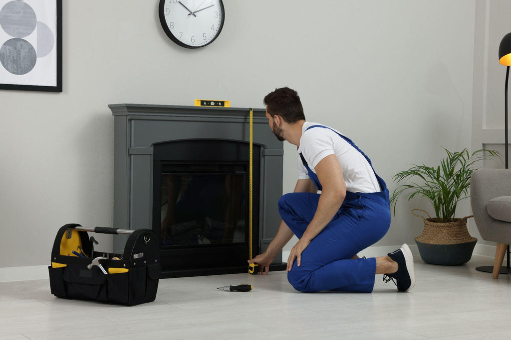 Professional technician with measuring tape installing electric fireplace in room