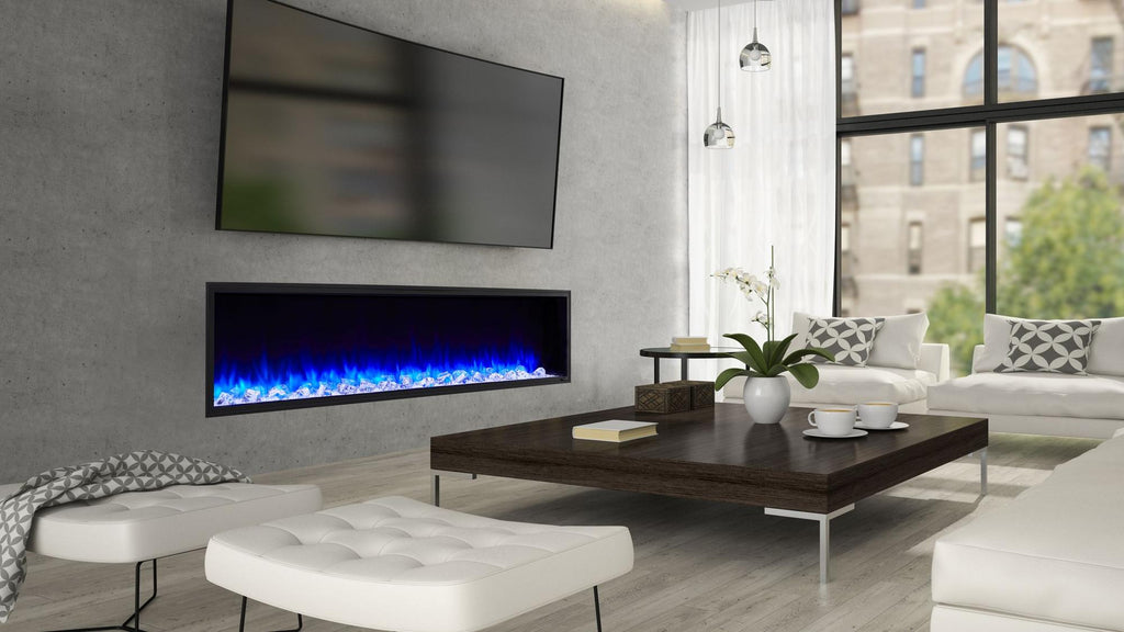modern living room with electric fireplace