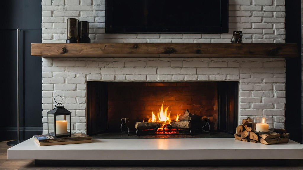 White brick fireplace with warm fire and logs and television above it.