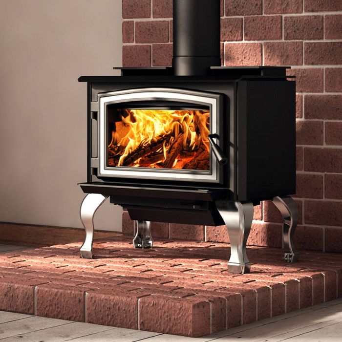 1700 WOOD STOVE- OA10248 - BRUSHED NICKEL CAST IRON TRADITIONAL LEGS WITH ASH DRAWER - Osburn