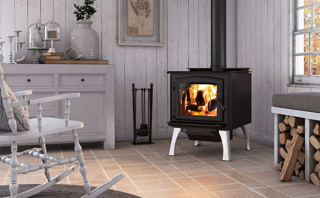 3300 WOOD STOVE- OA10264- BRUSHED NICKEL CAST IRON STRAIGHT LEGS WITH ASH DRAWER - Osburn