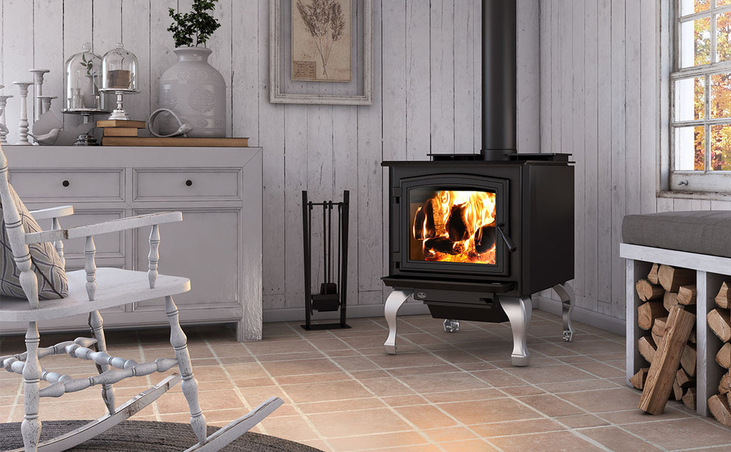 3300 WOOD STOVE- OA10265- BRUSHED NICKEL CAST IRON TRADITIONAL LEGS WITH ASH DRAWER - Osburn